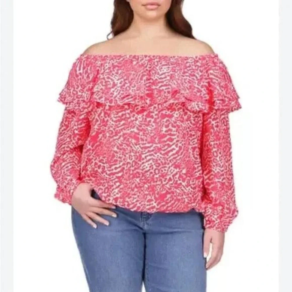 Michael Kors Ruffled Off Shoulder Blouse Animal Print Top Sz 0X‎ / #7229